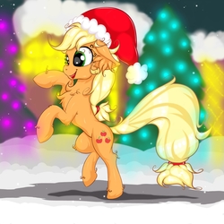 Size: 2500x2500 | Tagged: safe, artist:rurihal, applejack, pony, g4, chest fluff, christmas, ear fluff, female, hat, high res, holiday, santa hat, snow, snowfall, solo