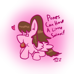 Size: 894x894 | Tagged: safe, artist:thunderzizi, oc, oc only, oc:zizi horse, pegasus, pony, cats can have little a salami, food, meat, meme, ponies eating meat, ponified meme, solo