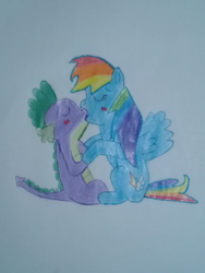 Size: 2448x3264 | Tagged: artist needed, safe, rainbow dash, spike, g4, female, high res, kissing, male, ship:rainbowspike, shipping, straight, traditional art