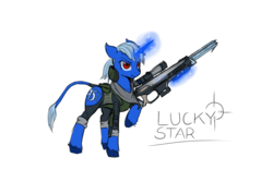 Size: 1500x1000 | Tagged: safe, anonymous artist, oc, oc only, oc:lucky star (xponi), pony, unicorn, fanfic:xponi, fanfic art, female, leonine tail, red eyes, simple background, solo, weapon, x-com, xcom: enemy unknown