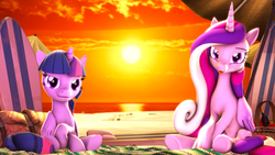 Size: 3840x2160 | Tagged: safe, artist:apexpredator923, princess cadance, twilight sparkle, alicorn, pony, g4, 3d, beach, duo, high res, sisters-in-law, sitting, source filmmaker, sunset, tongue out, twilight sparkle (alicorn)