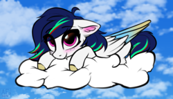 Size: 3910x2234 | Tagged: safe, artist:airfly-pony, oc, oc only, oc:lilly flame, pony, cloud, cute, female, filly, high res, ocbetes, on a cloud, patreon, patreon reward, sky, solo