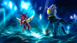Size: 1920x1080 | Tagged: safe, artist:stdeadra, oc, changedling, changeling, pony, cape, cave, changeling oc, cloak, clothes, crystal, horn, light, red changeling, water, waterfall, wings, yellow changeling