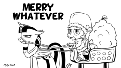 Size: 1200x675 | Tagged: safe, artist:pony-berserker, spike, twilight sparkle, alicorn, dragon, pony, pony-berserker's twitter sketches, g4, angry, black and white, bridle, christmas, clothes, costume, female, grayscale, hat, holiday, horse collar, i can't believe it's not idw, male, mare, monochrome, santa costume, santa hat, santa sack, signature, simple background, sketch, sleigh, smug, tack, twilight sparkle (alicorn), unamused, white background, winged spike, wings