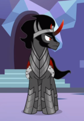 Size: 417x604 | Tagged: safe, screencap, king sombra, pony, unicorn, g4, the beginning of the end, aside glance, cropped, crown, front view, frown, jewelry, male, regalia, solo, stallion, standing