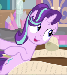 Size: 677x759 | Tagged: safe, screencap, starlight glimmer, pony, unicorn, g4, the beginning of the end, bipedal, bipedal leaning, cropped, cute, female, glimmerbetes, leaning, mare, open mouth, scroll, smiling, solo