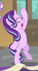 Size: 298x560 | Tagged: safe, screencap, spike, starlight glimmer, dragon, pony, unicorn, g4, the beginning of the end, bipedal, cropped, eyes closed, female, male, mare, offscreen character, open mouth, raised hoof, solo focus, standing, standing on one leg