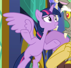 Size: 856x817 | Tagged: safe, screencap, discord, twilight sparkle, alicorn, pony, g4, the beginning of the end, cropped, female, flying, offscreen character, smiling, solo focus, twilight sparkle (alicorn)