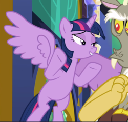 Size: 859x817 | Tagged: safe, screencap, discord, twilight sparkle, alicorn, pony, g4, the beginning of the end, cropped, female, flying, lidded eyes, smiling, solo focus, spread wings, twilight sparkle (alicorn), wings