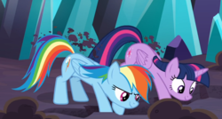 Size: 1098x588 | Tagged: safe, screencap, rainbow dash, twilight sparkle, alicorn, pegasus, pony, g4, the beginning of the end, behaving like a dog, cropped, cute, digging, dirt, duo, female, mare, smiling, twilight sparkle (alicorn)