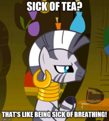 Size: 500x559 | Tagged: safe, edit, edited screencap, screencap, zecora, pony, zebra, g4, magic duel, annoyed, avatar the last airbender, caption, cropped, female, food, frown, image macro, imgflip, impact font, interior, iroh, meme, solo, spill, table, tea, text, zecora's hut