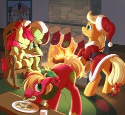 Size: 1280x1183 | Tagged: safe, artist:dstears, apple bloom, applejack, big macintosh, bright mac, granny smith, pear butter, earth pony, pony, g4, adorabloom, adorasmith, american gothic, apple family, apple siblings, brother and sister, christmas, christmas stocking, christmas wreath, cookie, cute, daaaaaaaaaaaw, digital art, eyes closed, family, female, filly, fireplace, food, grandmother and granddaughter, grandmother and grandson, hat, holiday, macabetes, male, mare, milk, mouth hold, rocking chair, santa hat, siblings, sisters, sleeping, smiling, stallion, wreath