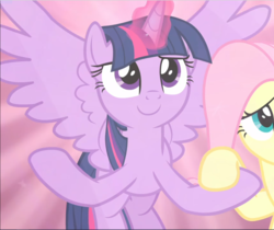 Size: 1119x941 | Tagged: safe, screencap, fluttershy, twilight sparkle, alicorn, pegasus, pony, the beginning of the end, cropped, cute, female, flying, glowing horn, horn, magic, magic aura, mare, offscreen character, smiling, solo focus, spread wings, twiabetes, twilight sparkle (alicorn), wings