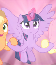 Size: 814x942 | Tagged: safe, screencap, applejack, fluttershy, twilight sparkle, alicorn, earth pony, pegasus, pony, the beginning of the end, cropped, cute, female, flying, glowing horn, holding hooves, horn, magic, magic aura, mare, offscreen character, open mouth, smiling, solo focus, spread wings, twiabetes, twilight sparkle (alicorn), wings