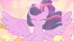 Size: 1668x939 | Tagged: safe, screencap, applejack, fluttershy, twilight sparkle, alicorn, earth pony, pegasus, pony, the beginning of the end, cropped, cute, ethereal mane, eyes closed, female, glowing horn, holding hooves, horn, mare, offscreen character, smiling, solo focus, spread wings, twiabetes, twilight sparkle (alicorn), wings