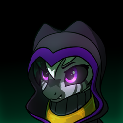 Size: 500x500 | Tagged: safe, artist:dipfanken, oc, oc only, oc:mchavi, pony, zebra, fallout equestria, game: fallout equestria: remains, boss battle, bust, evil, fanfic, fanfic art, female, gradient background, hood, mare, necromancer, pink eyes, portrait, solo, video game, video game boss
