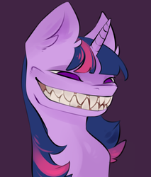 Size: 2184x2565 | Tagged: safe, artist:tantore, derpibooru exclusive, twilight sparkle, pony, unicorn, g4, cheshire grin, creepy, creepy smile, fangs, female, high res, sharp teeth, simple background, smiling, solo, teeth, tooth, unicorn twilight