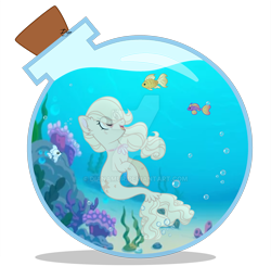 Size: 1920x1881 | Tagged: safe, artist:dianamur, oc, oc only, fish, merpony, seapony (g4), bottle, bubble, deviantart watermark, female, fish tail, looking up, mare, obtrusive watermark, open mouth, smiling, solo, tail, underwater, water, watermark