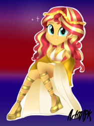 Size: 1536x2048 | Tagged: safe, artist:artmlpk, sunset shimmer, equestria girls, g4, alternate hairstyle, beautiful, clothes, crown, curly hair, cute, design, dress, female, greek, greek clothes, greek mythology, high heels, jewelry, looking at you, redraw, regalia, shimmerbetes, shoes, sitting, smiling, solo