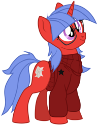 Size: 1558x1953 | Tagged: safe, artist:aaronmk, oc, oc only, oc:aspire fall, pony, unicorn, 2020 community collab, derpibooru community collaboration, anarchy, clothes, female, glasses, messy mane, messy tail, smiling, solo, stars, sweater, transparent background