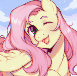 Size: 874x862 | Tagged: safe, artist:doggteethh, fluttershy, pegasus, pony, g4, chromatic aberration, cute, daaaaaaaaaaaw, eyebrows, female, hnnng, looking at you, mare, one eye closed, open mouth, outdoors, shyabetes, sky, smiling, solo, spread wings, stray strand, turned head, wings, wink