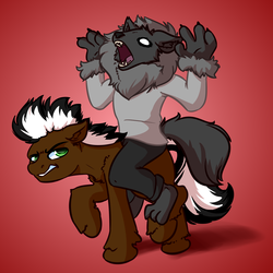 Size: 4000x4000 | Tagged: safe, artist:witchtaunter, oc, earth pony, pony, wolf, angry, commission, furry, open mouth, parody, riding