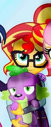 Size: 243x594 | Tagged: safe, artist:elementalalchemist03, fluttershy, spike, spike the regular dog, sunset shimmer, twilight sparkle, dog, equestria girls, g4, alternate universe, clothes, cropped, crystal prep academy uniform, female, glasses, male, offscreen character, school uniform, skirt