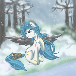 Size: 1100x1100 | Tagged: safe, artist:bamboodog, oc, oc only, pegasus, pony, squirrel, solo, winter