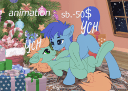 Size: 1200x857 | Tagged: safe, artist:wildviolet-m, oc, oc only, earth pony, pony, advertisement, animated, auction, christmas, christmas tree, commission, cute, gif, holiday, licking, new year, ocbetes, raised tail, smiling, tail, tongue out, tree, ych animation, ych sketch, your character here