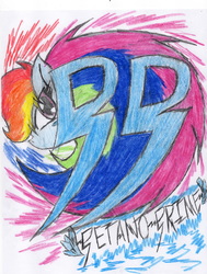 Size: 2550x3377 | Tagged: safe, artist:petanoprime, pegasus, pony, female, high res, logo, mare, solo, text, traditional art