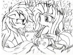 Size: 480x361 | Tagged: safe, artist:petanoprime, fluttershy, rainbow dash, pegasus, pony, g4, blushing, female, heart, hearts and hooves day, lesbian, lineart, mare, mouth hold, ship:flutterdash, shipping, signature, text