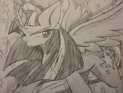 Size: 1280x960 | Tagged: safe, artist:petanoprime, twilight sparkle, alicorn, pony, g4, big crown thingy, element of magic, female, frown, jewelry, mare, regalia, solo, starry eyes, traditional art, twilight sparkle (alicorn), wingding eyes