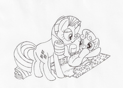 Size: 1400x1000 | Tagged: safe, artist:datspaniard, rarity, sweetie belle, pony, unicorn, g4, baby powder, butt, changing mat, diaper, diaper change, diaper fetish, diapering, featureless crotch, female, fetish, filly, foal, foal powder, mare, monochrome, non-baby in diaper, open diaper, plot, traditional art