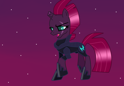 Size: 746x521 | Tagged: safe, artist:lightningbolt39, artist:selenaede, tempest shadow, pony, unicorn, g4, armor, base used, broken horn, eye scar, female, hoof shoes, horn, mare, open mouth, raised hoof, scar, solo