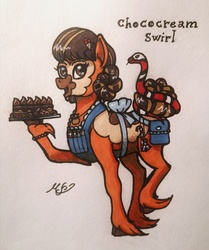 Size: 2976x3563 | Tagged: safe, artist:mesuyoru, oc, oc only, oc:chococream swirl, earth pony, pony, snake, apron, brown eyes, brown mane, cake, chocolate cake, clothes, cloven hooves, drawing, food, hair bun, high res, marker drawing, orange coat, potion, simple background, smiling, solo, traditional art
