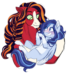 Size: 1024x1097 | Tagged: safe, artist:azure-art-wave, oc, oc:azure, oc:red baroness, earth pony, pegasus, pony, blushing, duo, eye clipping through hair, female, holding a pony, mare, offspring, parent:big macintosh, parent:coloratura, parents:raramac, simple background, size difference, transparent background