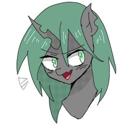 Size: 400x400 | Tagged: safe, artist:k_clematis, oc, oc only, changeling queen, pony, bust, changeling queen oc, open mouth, simple background, smiling, solo, white background