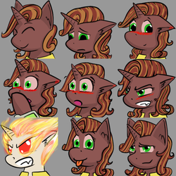 Size: 600x600 | Tagged: safe, artist:skydreams, oc, oc only, oc:molasses candy, pony, unicorn, fallout equestria, :p, angry, blushing, commission, ear blush, embarrassed, emoji, emotes, fallout equestria: scoundrels, female, mare, on fire, sad, smiling, smirk, surprised, tongue out