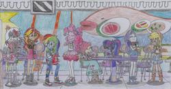 Size: 2368x1235 | Tagged: safe, artist:nephilim rider, applejack, fluttershy, pinkie pie, rainbow dash, rarity, sci-twi, sunset shimmer, twilight sparkle, oc, oc:heaven lost, dashing through the mall, equestria girls, equestria girls specials, g4, my little pony equestria girls: better together, my little pony equestria girls: holidays unwrapped, humane five, humane seven, humane six, traditional art