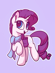 Size: 600x800 | Tagged: safe, artist:lollipony, rarity, pony, unicorn, g4, clothes, commission, cute, ear fluff, female, horn, looking at you, mare, open mouth, open smile, outline, purple background, raised hoof, raribetes, scarf, simple background, smiling, smiling at you, solo, white outline