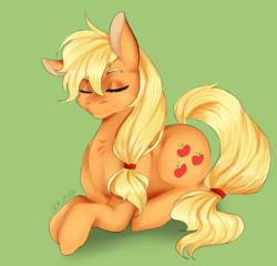 Size: 4270x4092 | Tagged: safe, artist:jlkatlass, applejack, earth pony, pony, g4, absurd resolution, cheek fluff, chest fluff, cute, eyes closed, female, green background, hatless, jackabetes, mare, missing accessory, prone, simple background, solo, speedpaint available