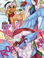 Size: 1500x2000 | Tagged: safe, artist:avrameow, artist:sinrinf, applejack, rainbow dash, pony, g4, advertisement, clothes, collaboration, comic, commission, fake beard, female, roar, santa beard, scarf, snow, winter, your character here