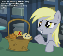 Size: 1215x1080 | Tagged: safe, edit, edited screencap, editor:korora, screencap, derpy hooves, pony, g4, slice of life (episode), basket, cropped, cute, derpabetes, female, implied dinky, implied thunderlane, muffin, post office, solo, speech, that pony sure does love muffins