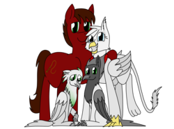 Size: 1620x1205 | Tagged: safe, artist:somber, oc, oc only, oc:avocado ice, oc:snow, oc:wildcard, oc:yearning prospect, earth pony, griffon, hippogriff, pony, colored, commission, family, female, flat colors, hippogriff oc, looking at you, male, smiling, smiling at you, stallion