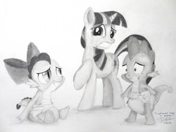 Size: 1280x960 | Tagged: safe, artist:millenniumf, apple bloom, spike, twilight sparkle, dragon, pony, unicorn, g4, apple bloom's bow, baby, baby dragon, bow, diaper, diaper fetish, dragon bloom, dragonified, embarrassed, female, fetish, grayscale, gritted teeth, hair bow, male, messing, messy diaper, monochrome, nose wrinkle, pencil drawing, poopy diaper, raised hoof, sheepish grin, simple background, sitting, smiling, species swap, story included, traditional art, trio, unicorn twilight, wet diaper, white background