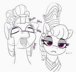 Size: 3516x3343 | Tagged: safe, artist:pabbley, rainbow dash, zephyr breeze, pony, g4, sparkle's seven, ..., alternate hairstyle, bored, bust, high res, megaradash, partial color, rainbow dash is not amused, rambling, royal guard, royal guard zephyr breeze, scene interpretation, simple background, unamused, white background