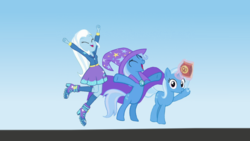 Size: 1920x1080 | Tagged: safe, editor:grapefruitface, trixie, pony, equestria girls, g4, jumping, trio, wallpaper