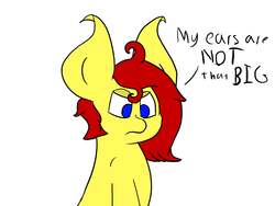 Size: 1600x1200 | Tagged: safe, artist:gamer-shy, oc, oc only, oc:gamershy yellowstar, pony, angry, big ears, blatant lies, dialogue, hooked ears, messy mane, simple background, solo, white background