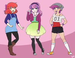 Size: 4500x3500 | Tagged: safe, artist:chango-tan, apple bloom, scootaloo, sweetie belle, human, g4, alternate hairstyle, anklet, beanie, boots, bow, clothes, converse, cutie mark crusaders, denim dress, dress, eyeshadow, grin, hairband, hat, high heels, humanized, jewelry, legs, lidded eyes, lipstick, makeup, necklace, older, open mouth, overalls, shoes, short shirt, shorts, skirt, smiling, sneakers, socks, tank top, thigh highs