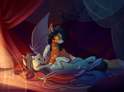 Size: 1831x1362 | Tagged: safe, artist:28gooddays, queen chrysalis, oc, bat pony, changeling, changeling queen, earth pony, pony, g4, bat pony oc, bed, disguise, disguised changeling, female, male, mare, on bed, pillow, prostitution, shadow, slit pupils, stallion